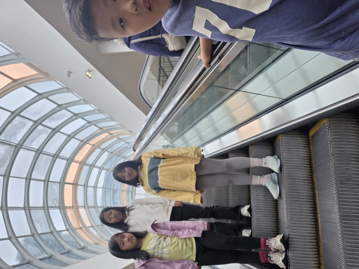 Children riding the escalator at the mall