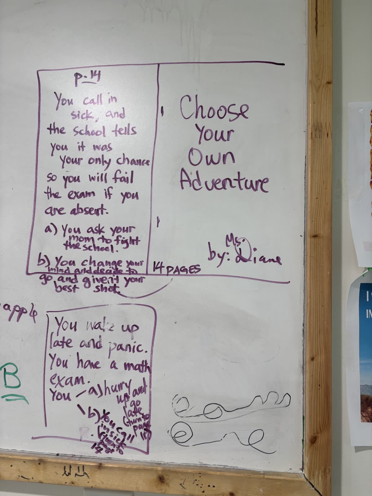 Whiteboard lesson explaining how to plan a Choose Your Own Adventure story with branching pages