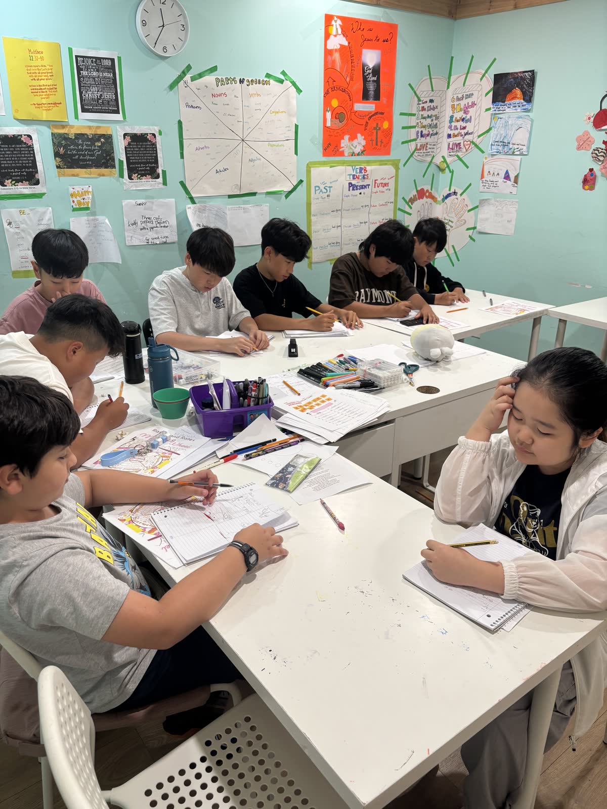 Students working independently on their branching adventure stories in the classroom