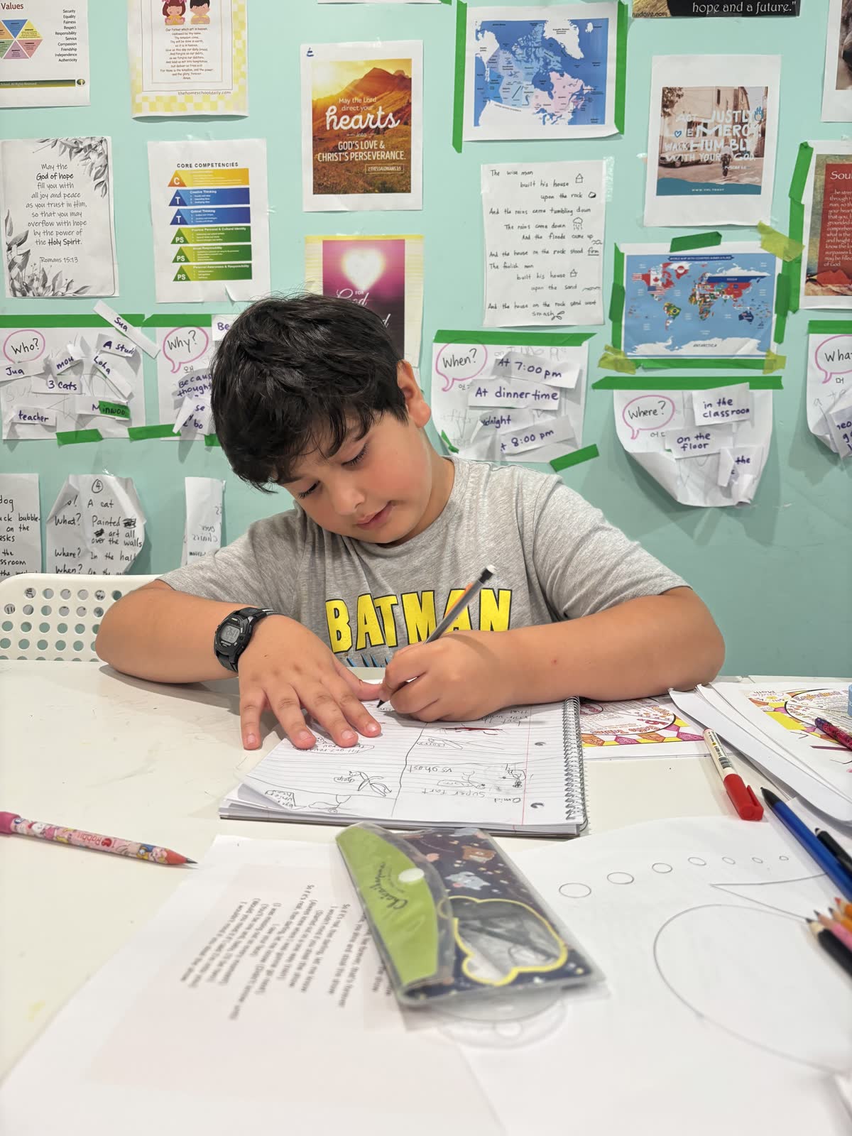A student writing the opening pages of his adventure story