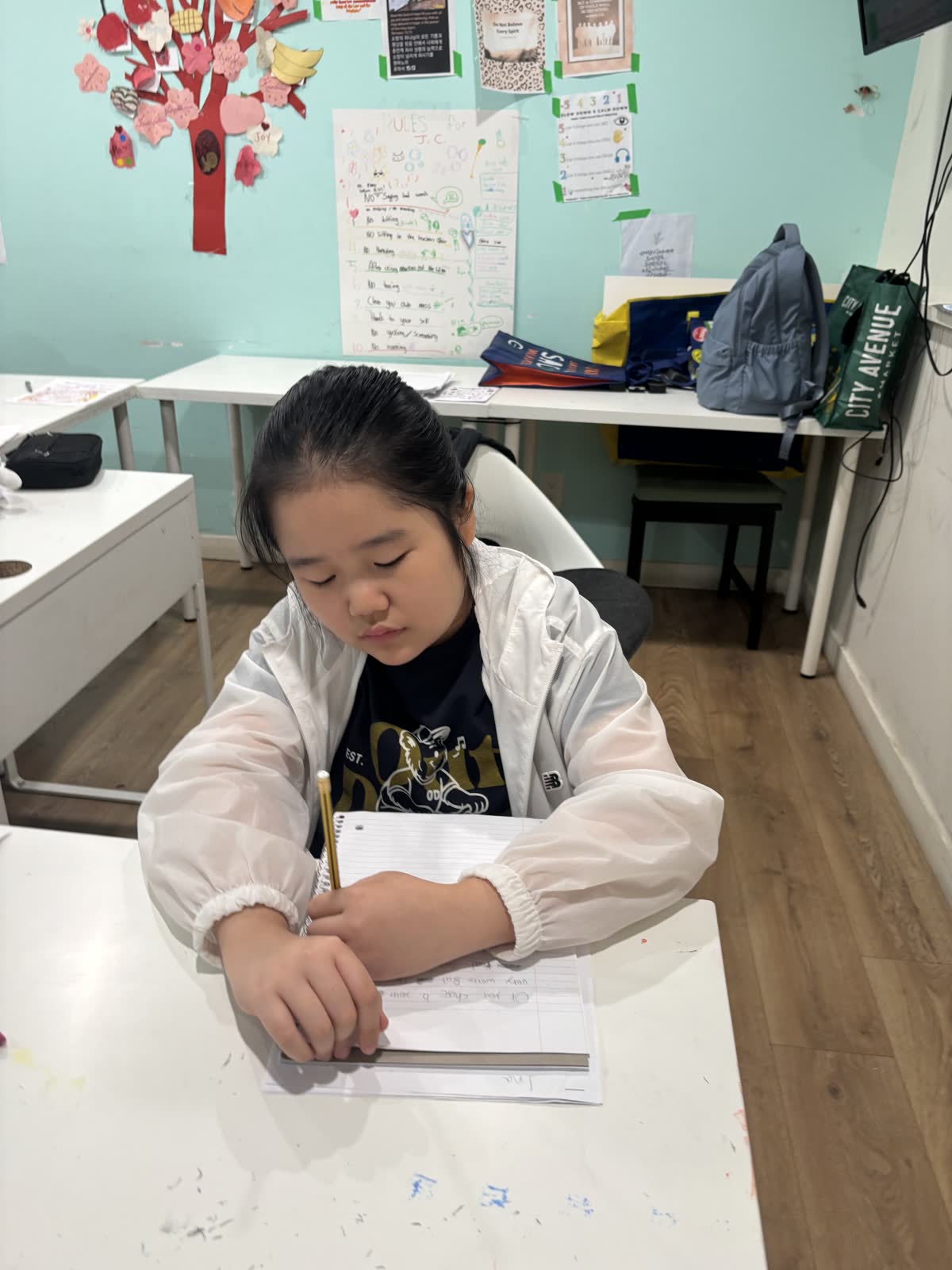 A student carefully writing her own adventure story