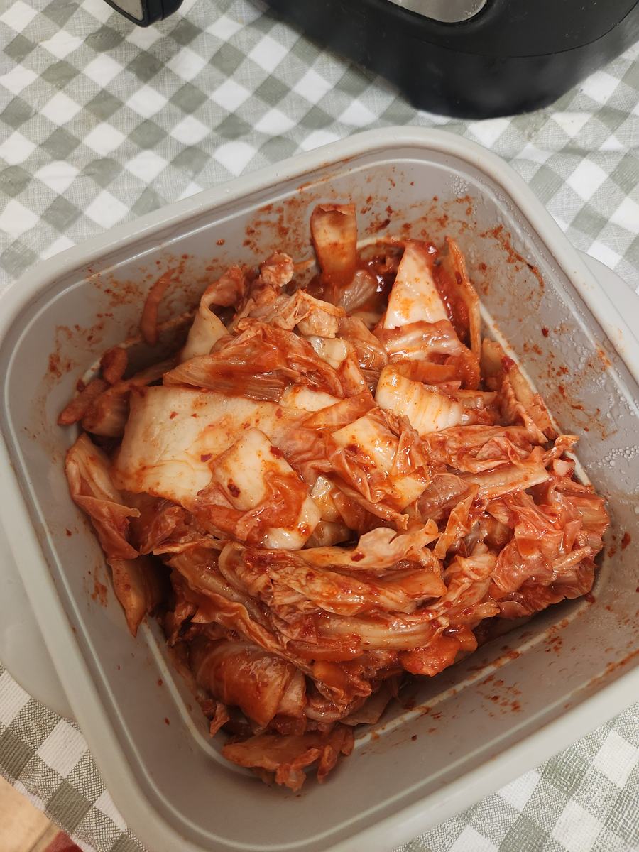 A tray of freshly cut kimchi