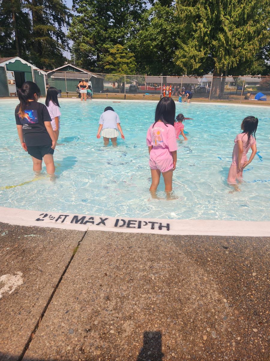 Children playing in the shallow outdoor pool in the sunshine