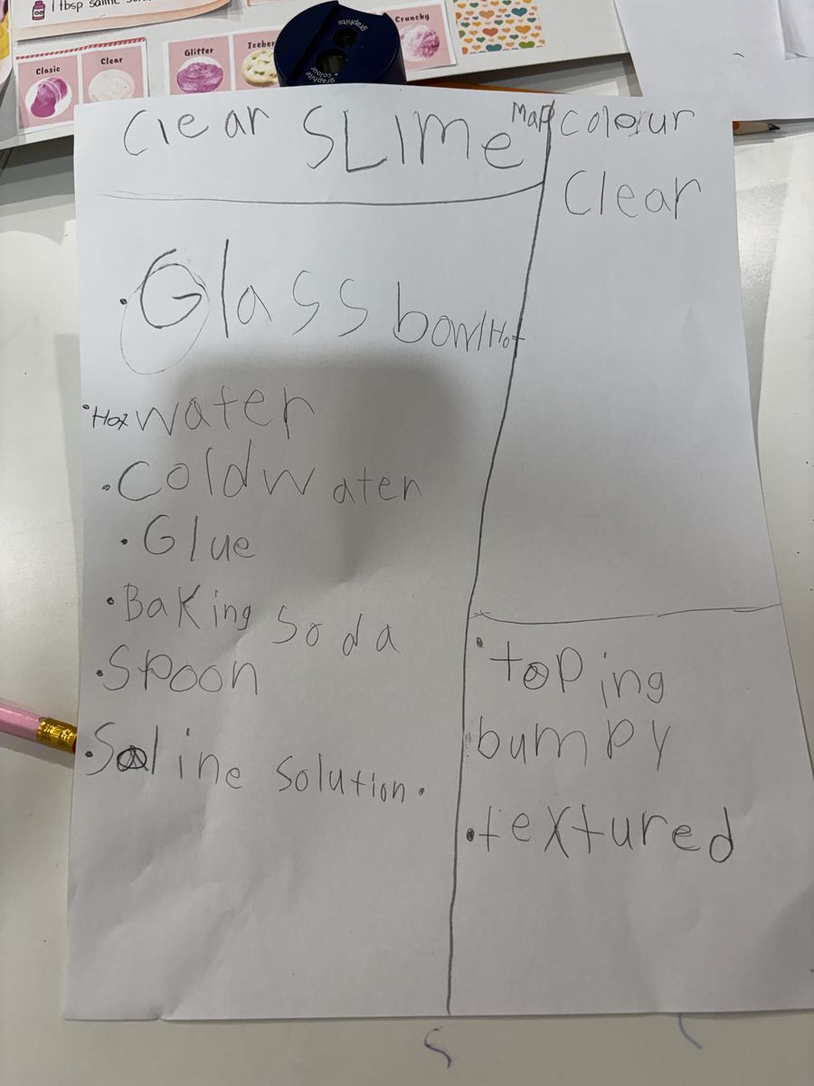 A hand-written poster for clear slime listing glass bowl, hot water, cold water, glue, baking soda, spoon and saline solution