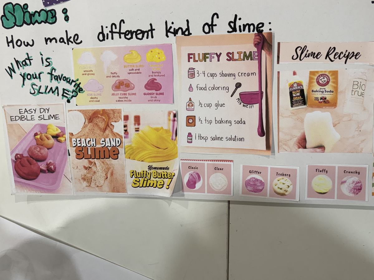 Magazine cutouts of slime recipes arranged on a poster