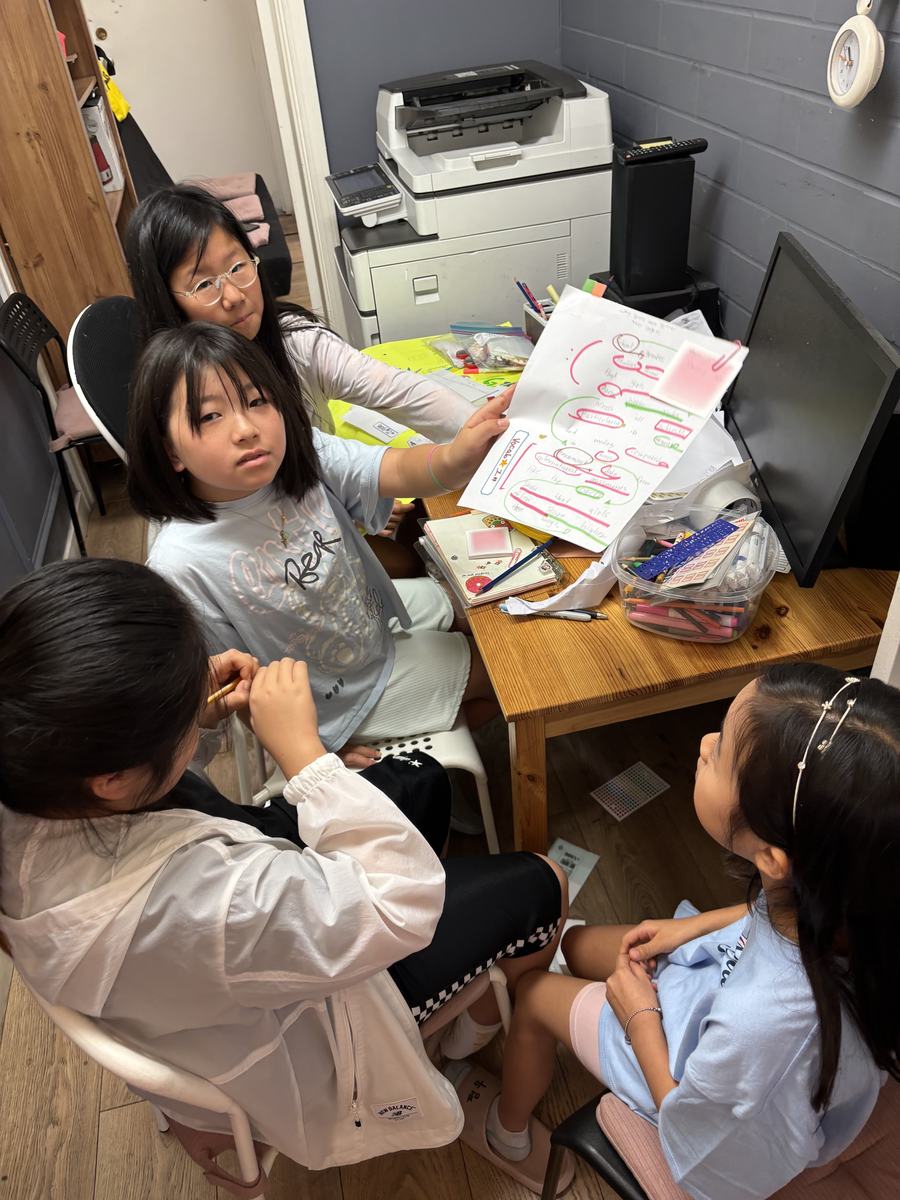Older students gathered around a desk sorting through poster materials