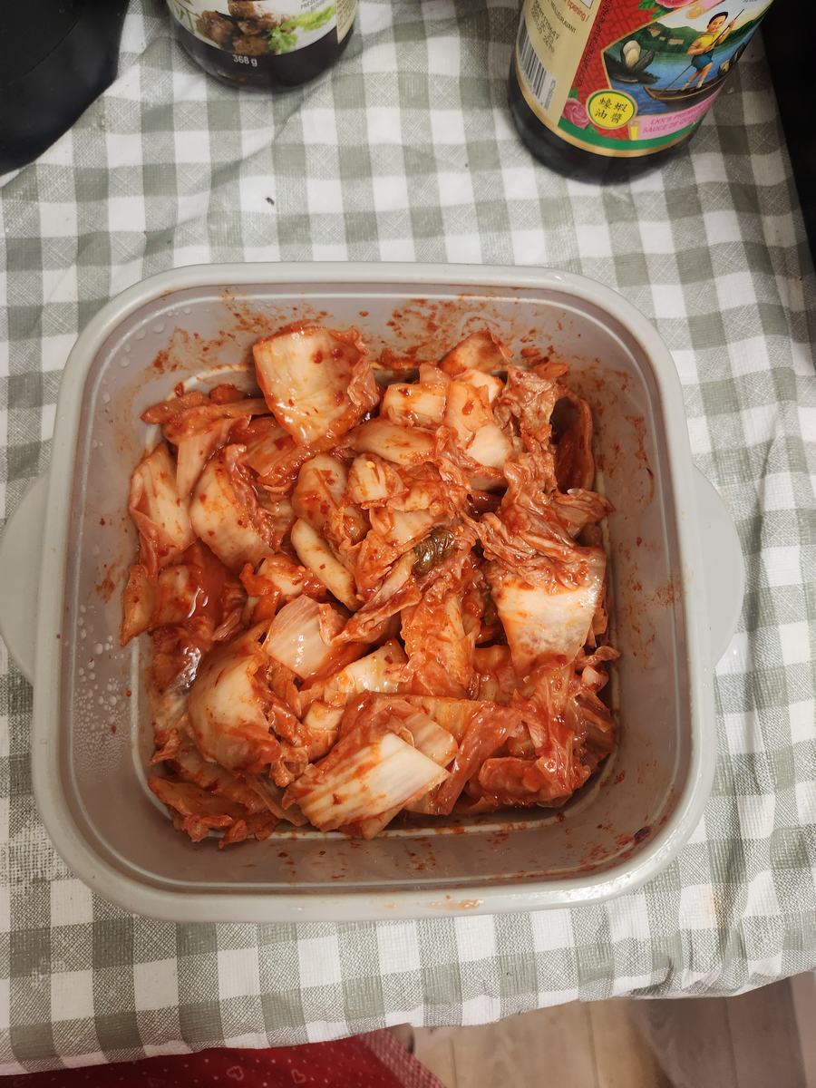 A tray of freshly cut kimchi