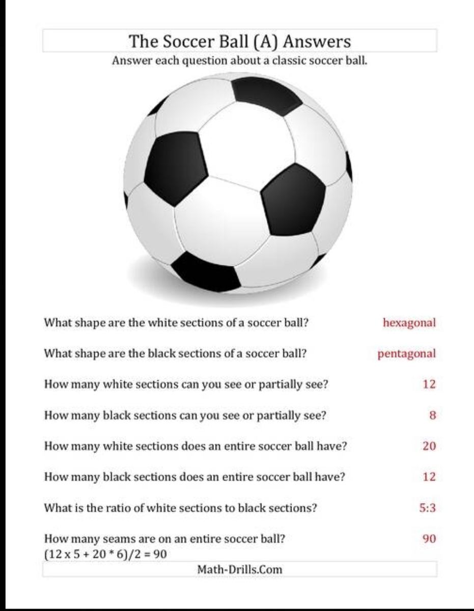 A printed maths worksheet titled The Soccer Ball with answers about hexagons, pentagons, ratios and seams