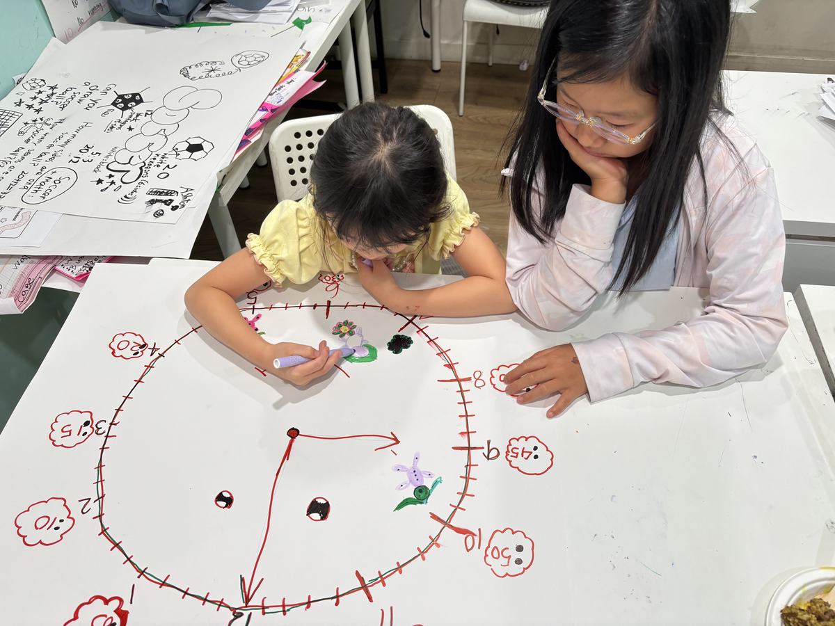 Students adding the minute numbers around the outside of the clock face