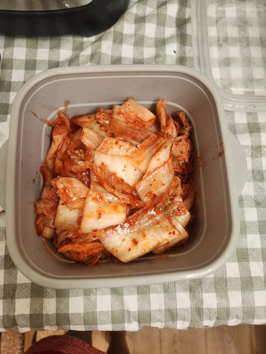 A tray of freshly cut kimchi