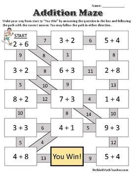 An addition maze worksheet where solving each sum reveals the route to the finish
