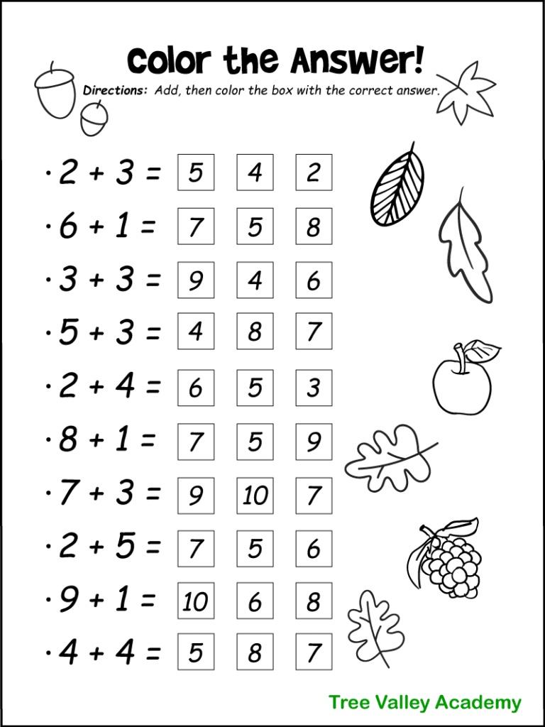 A colour the answer worksheet where each sum has three possible answers to choose between