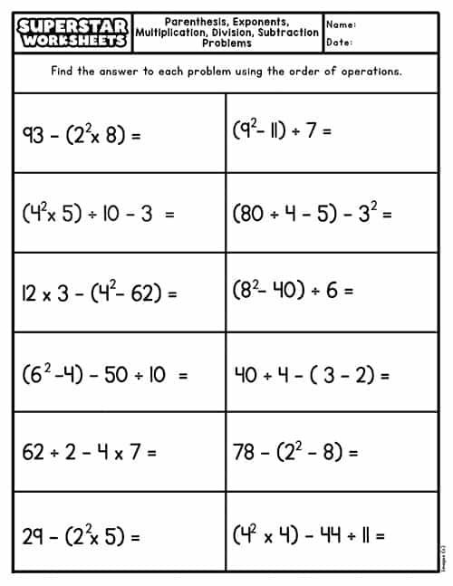 A worksheet of problems combining parentheses, exponents, multiplication, division and subtraction
