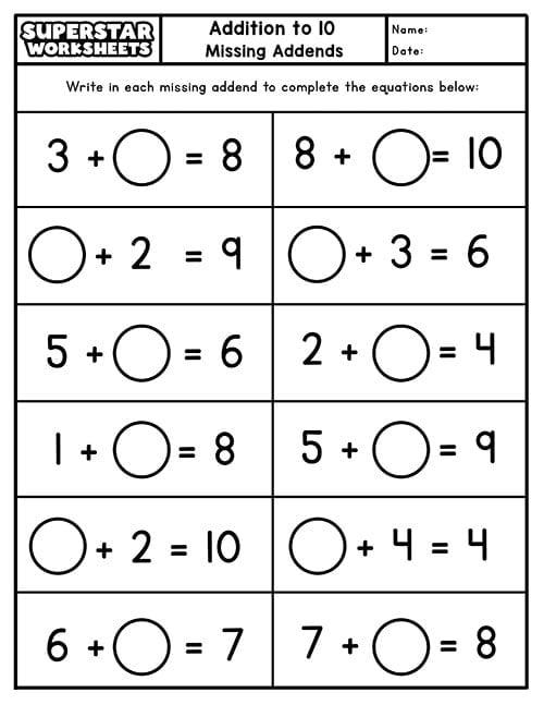 A missing addends worksheet with circles to fill in, such as 3 plus blank equals 8