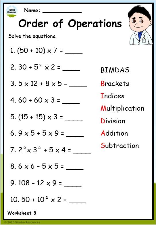 An order of operations worksheet with the BIMDAS rule listed beside ten equations