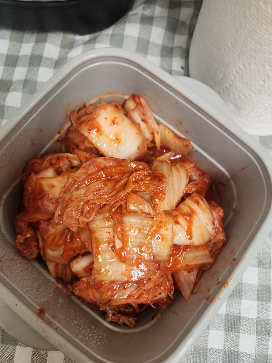 A tray of freshly cut kimchi