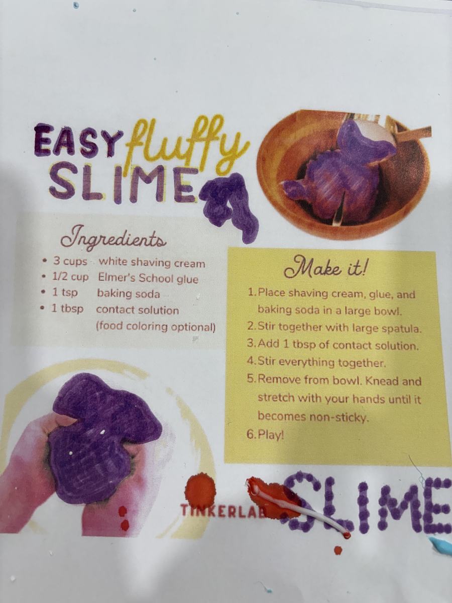 The printed Easy Fluffy Slime recipe card showing ingredients and six numbered steps