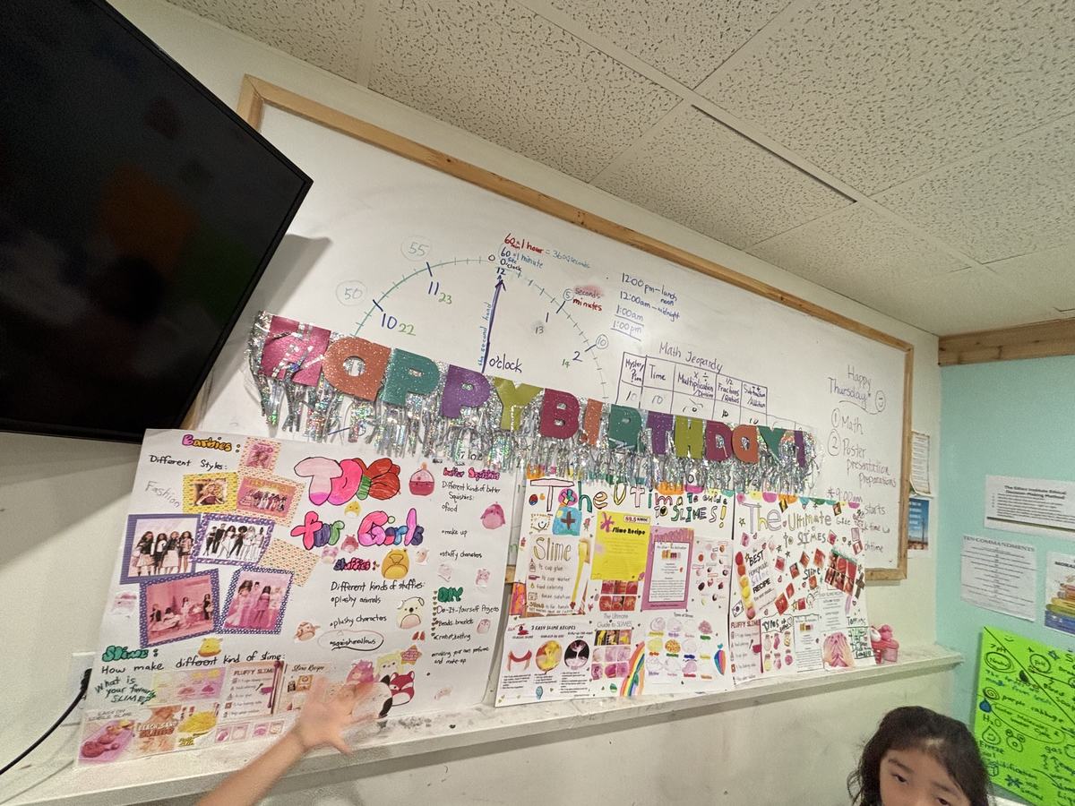 The classroom wall covered in finished project posters beneath a large HAPPY BIRTHDAY banner