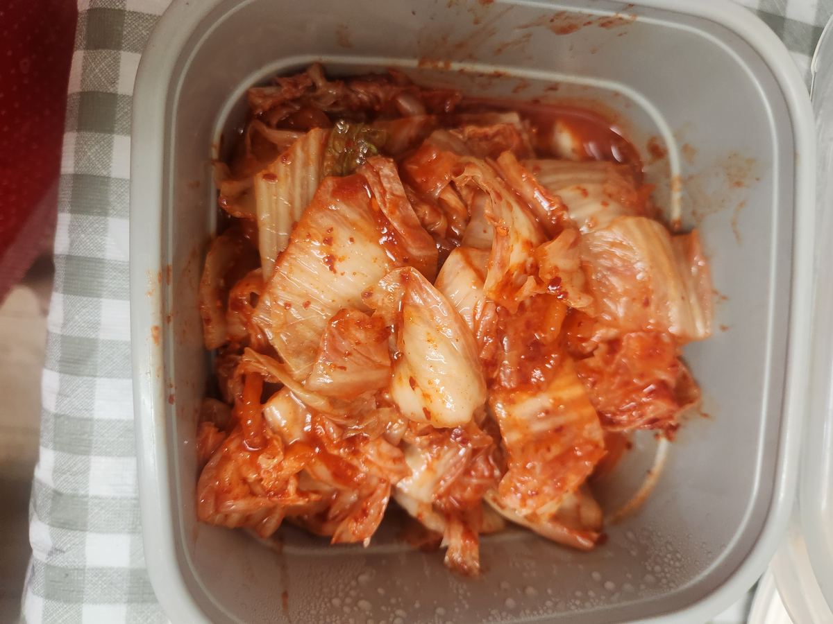 A tray of freshly cut kimchi