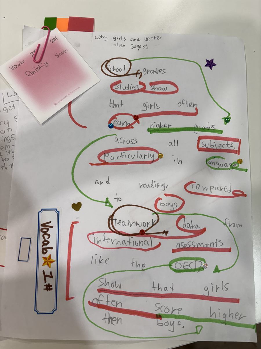 A hand-written argument page with academic vocabulary circled and underlined in red, green and brown, labelled Vocab number one