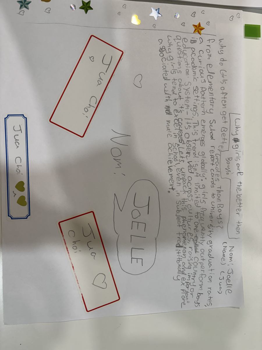 Another student's hand-written argument page decorated with stars and name tags