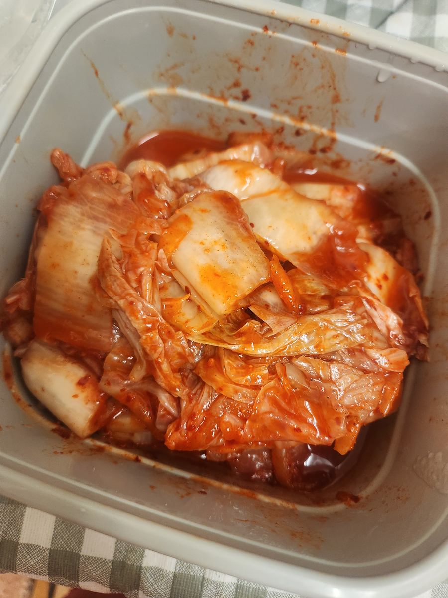 A tray of freshly cut kimchi