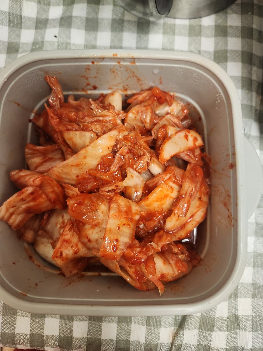 A tray of freshly cut kimchi