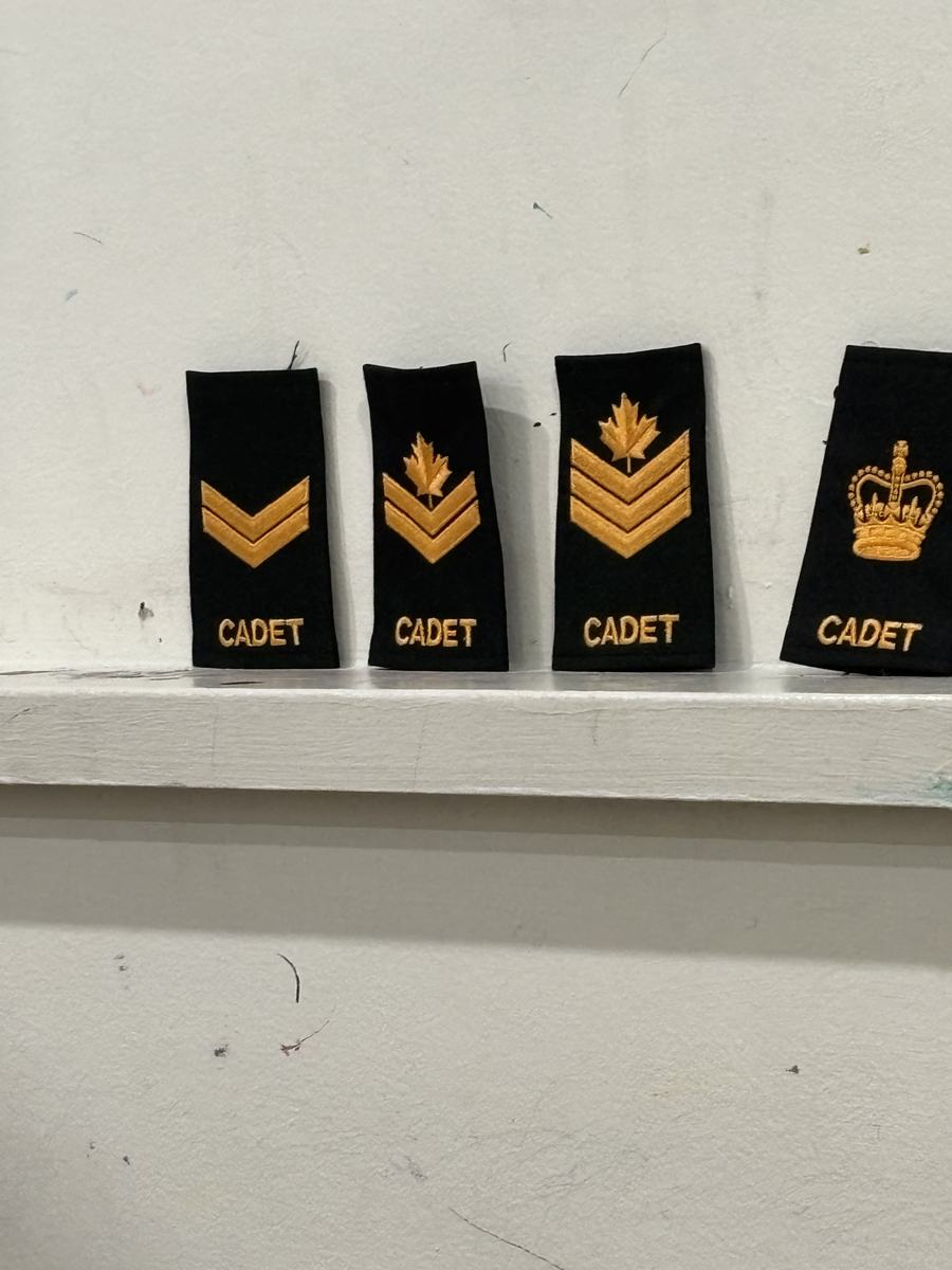 Four black CADET rank slip-ons with gold chevrons, a maple leaf and a crown, lined up on the whiteboard ledge