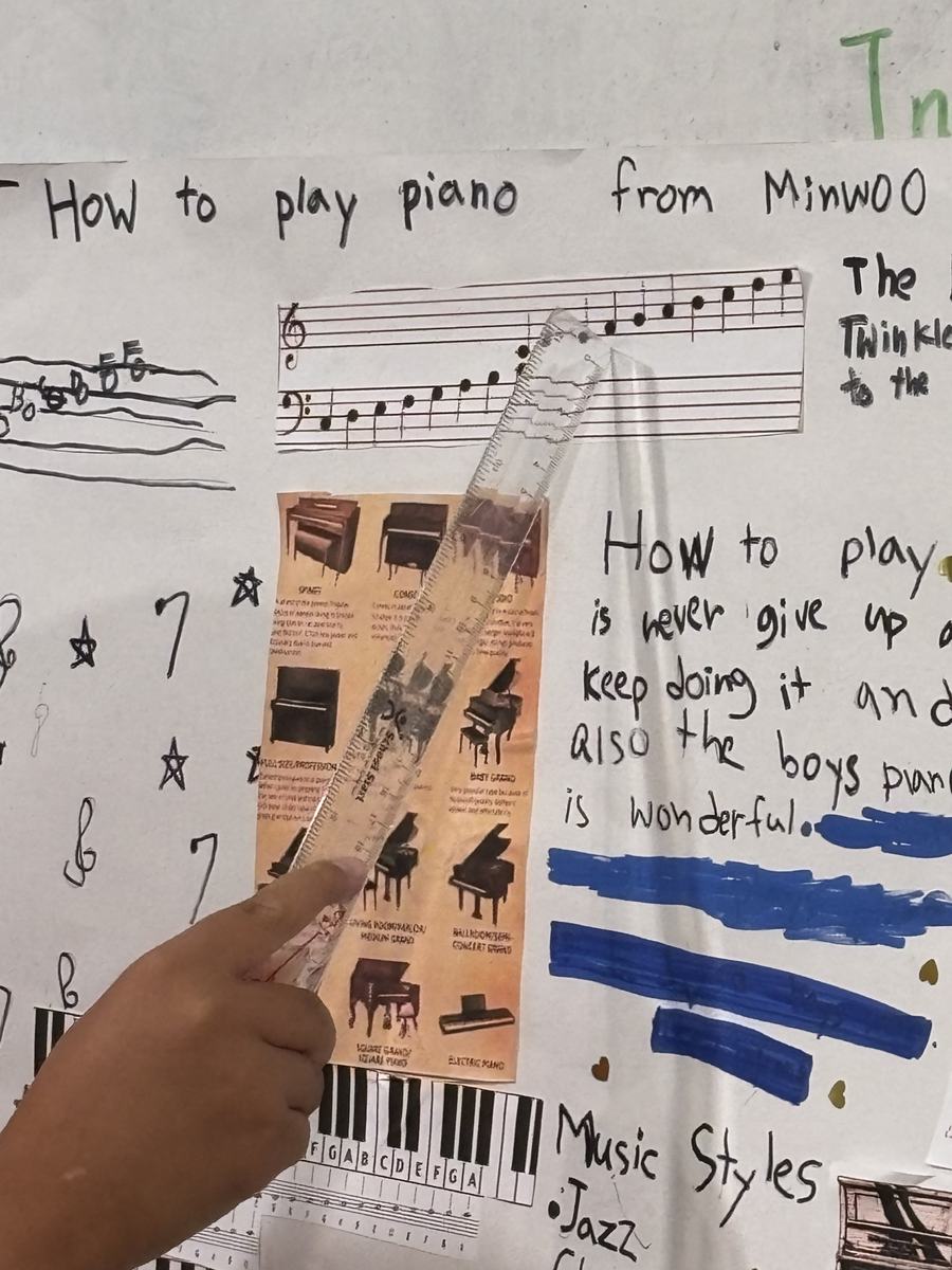 Close-up of the hand-made poster titled How to play piano from Minwoo, with a staff, note names and photographs of pianos