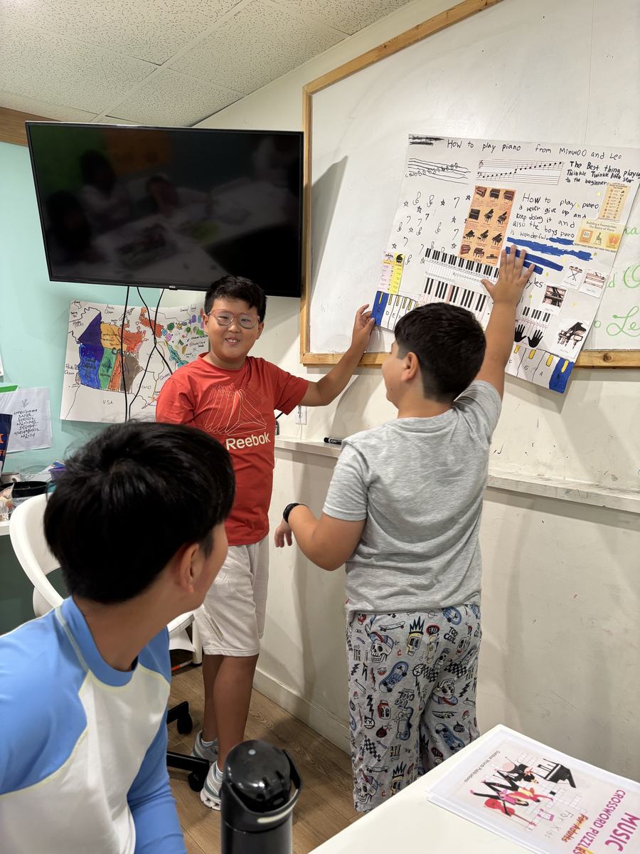 Two boys pinning the piano poster onto the whiteboard while a classmate watches