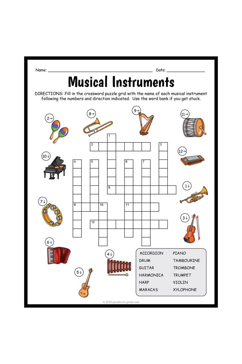 A Musical Instruments crossword worksheet with drawings of a piano, drum, violin and trumpet