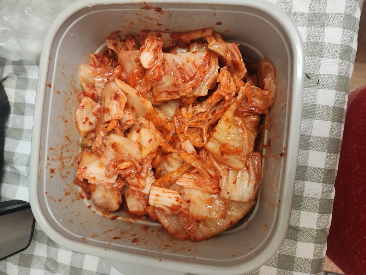 A tray of freshly cut kimchi