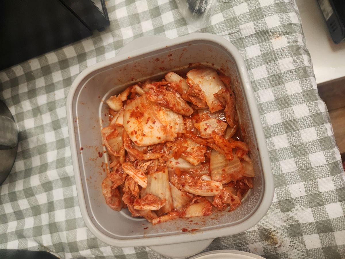 A tray of freshly cut kimchi