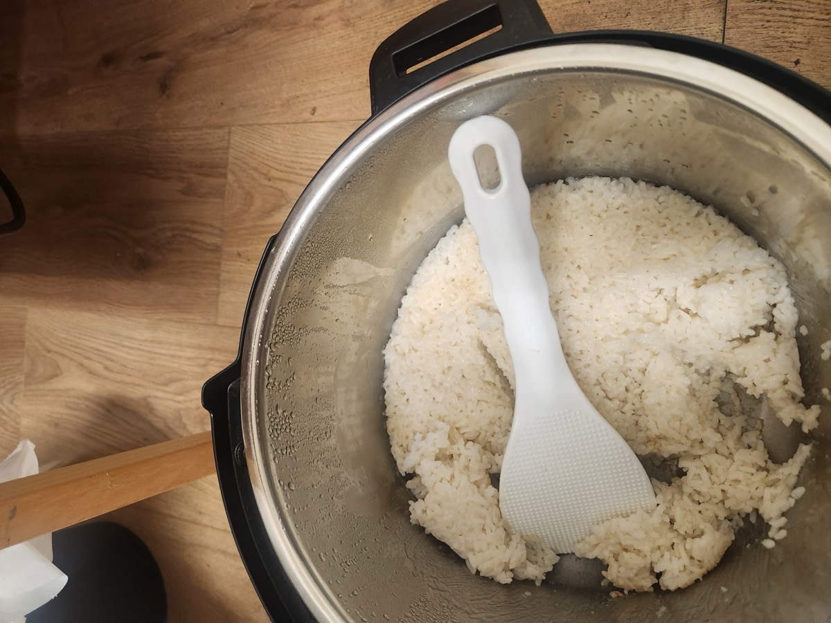 A rice cooker full of freshly cooked white rice