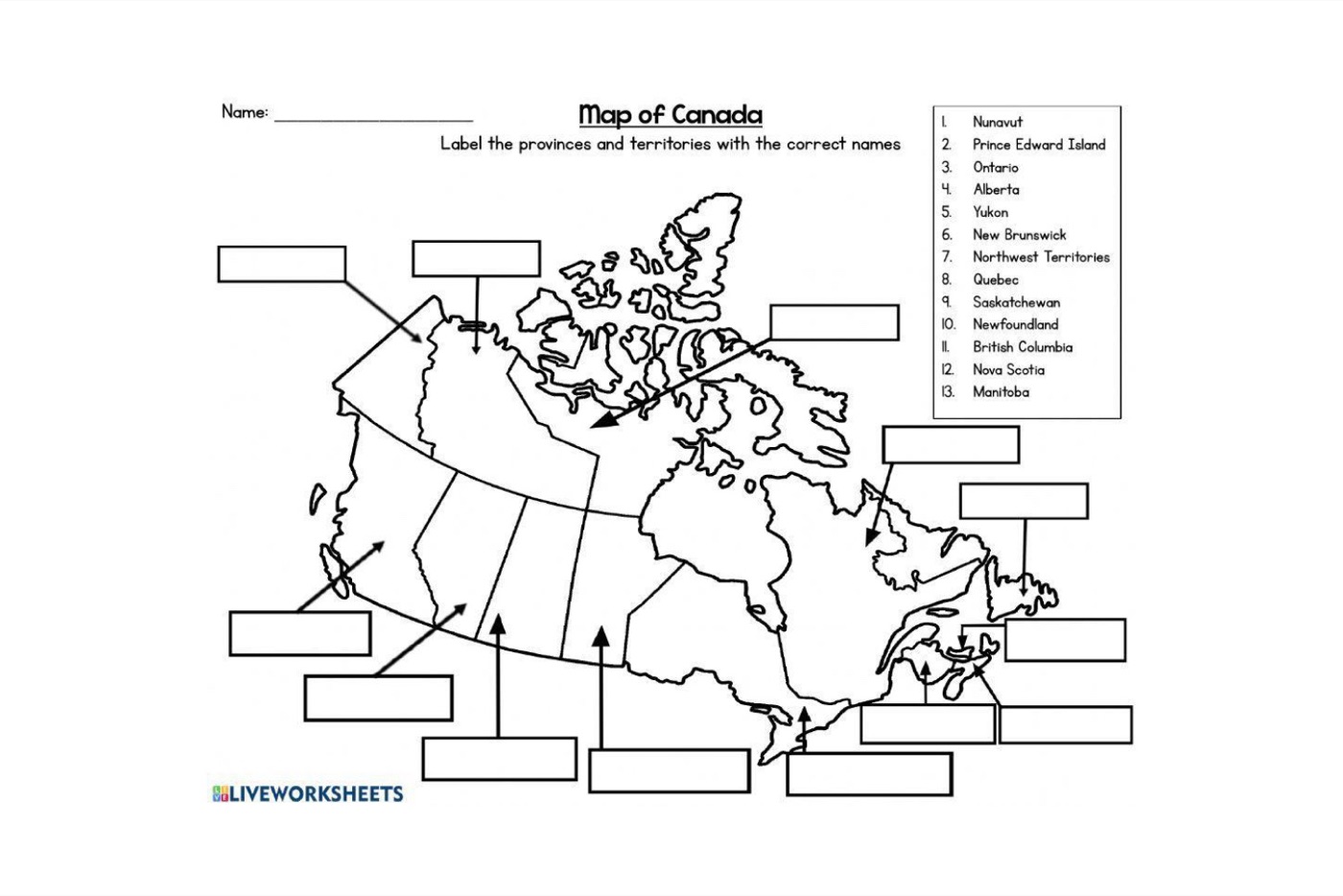 A blank outline map of Canada with empty boxes waiting for the names of the provinces and territories