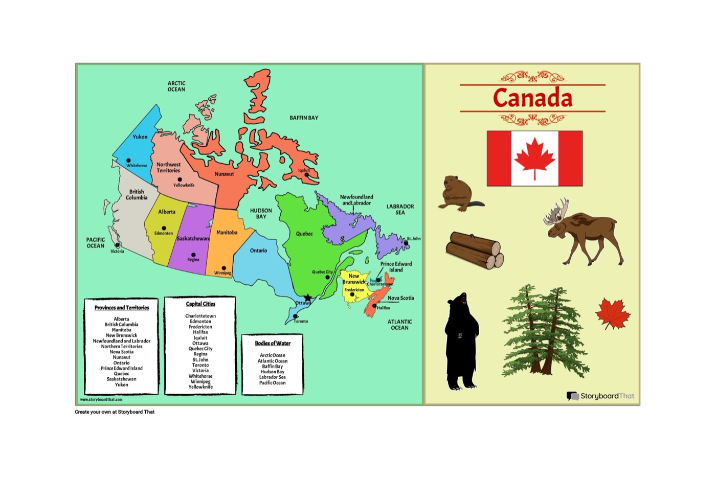 A coloured reference map of Canada showing the provinces and territories alongside national symbols