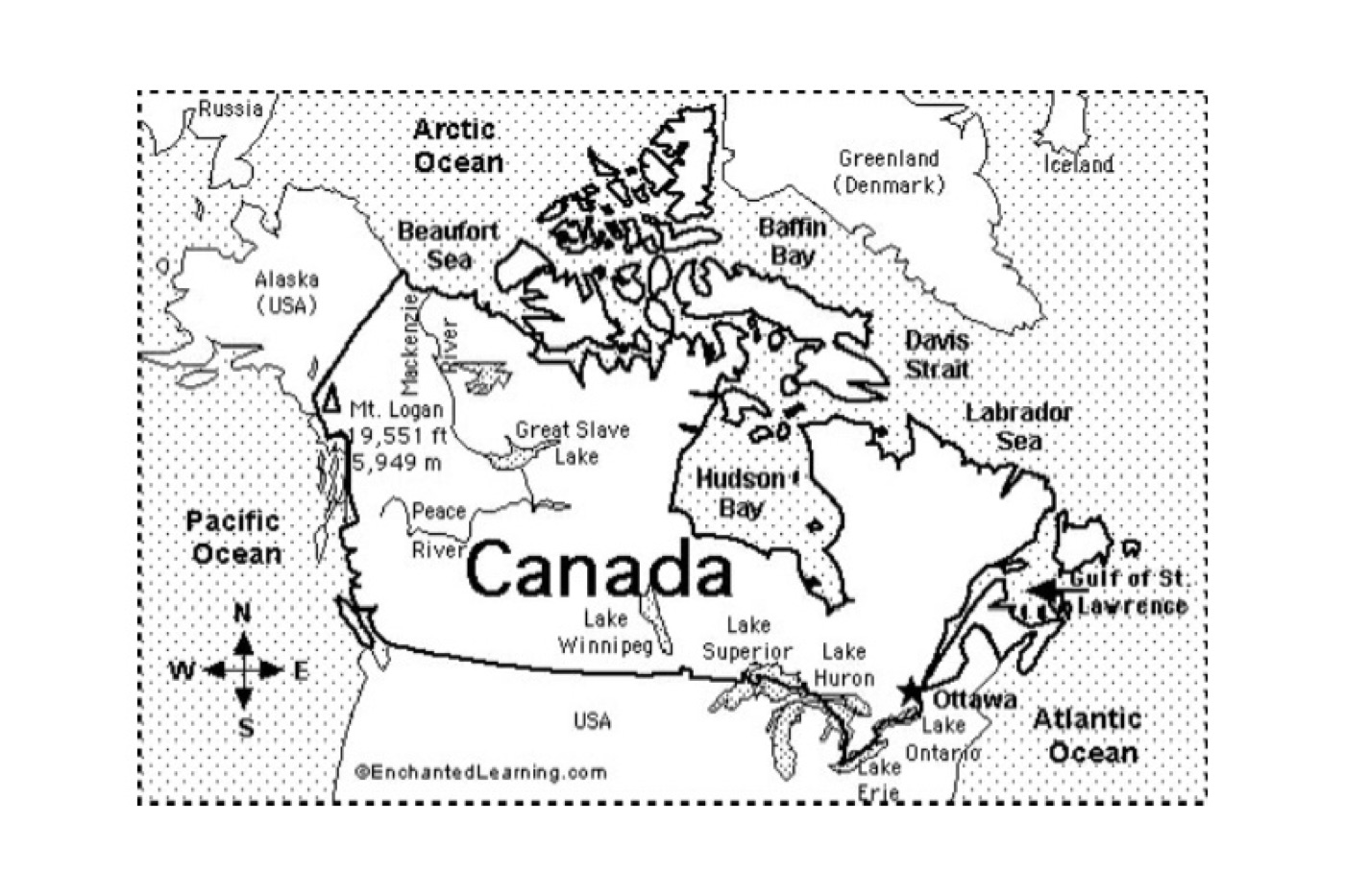 A detailed reference map of Canada showing oceans, bays, lakes, rivers and Mount Logan
