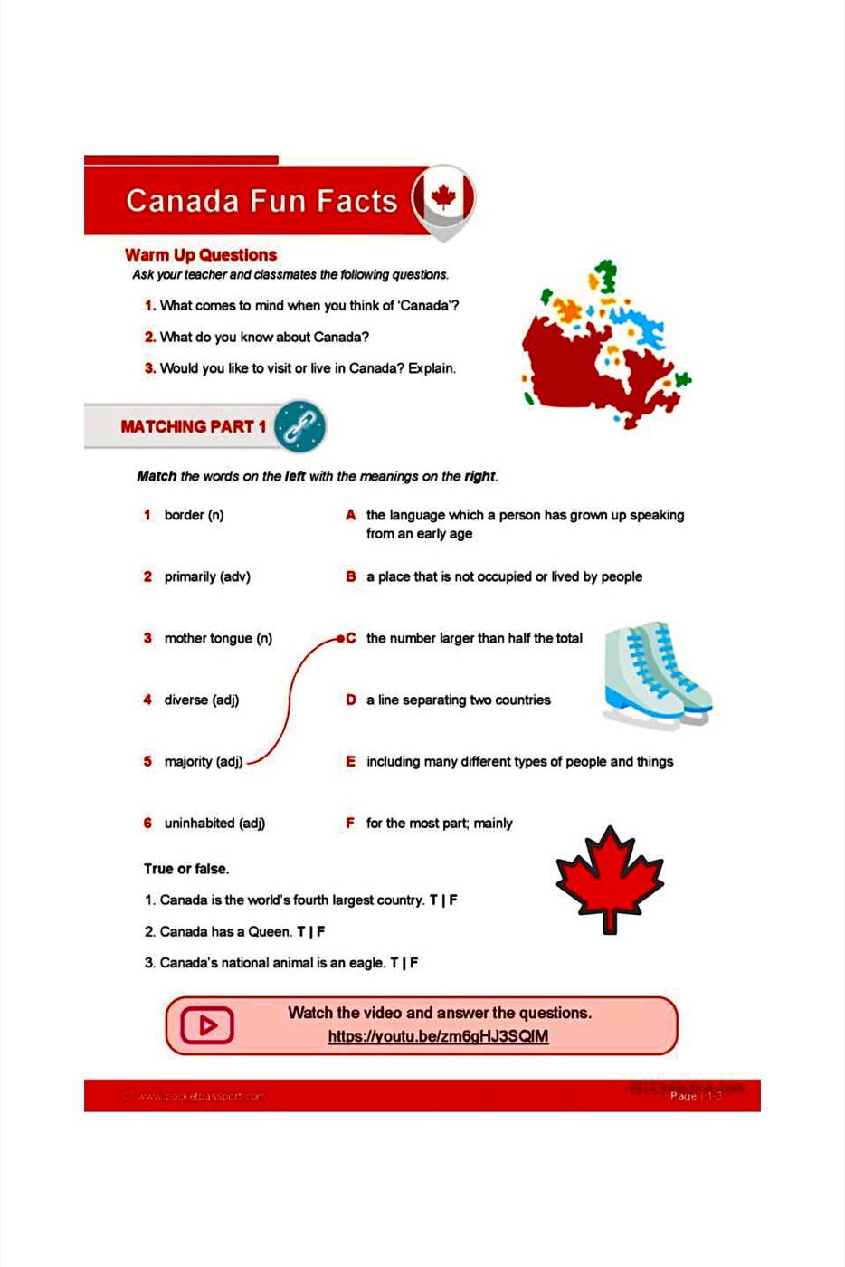 The Canada Fun Facts worksheet with warm-up questions, a vocabulary matching exercise and true-or-false statements