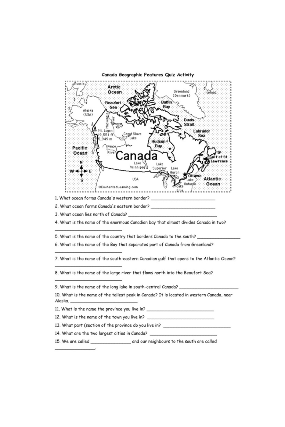 The Canada Geographic Features Quiz Activity sheet with a labelled map and fifteen written questions