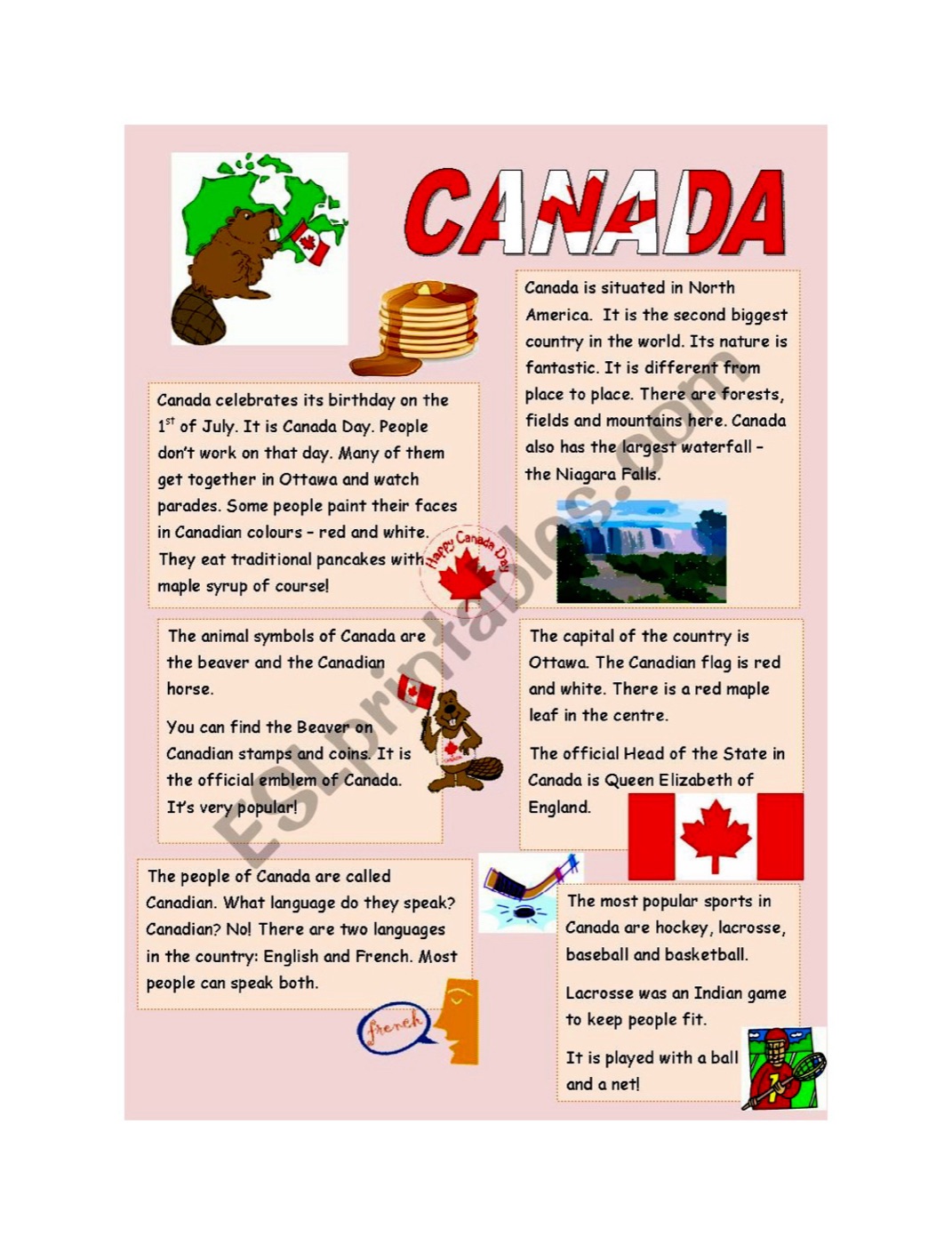 A reading page about Canada with sections on Canada Day, symbols, the capital city, languages and popular sports