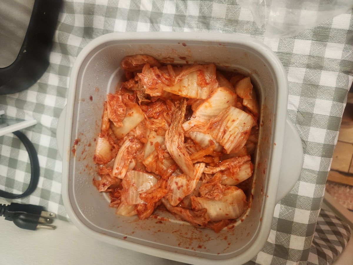 A tray of freshly cut kimchi