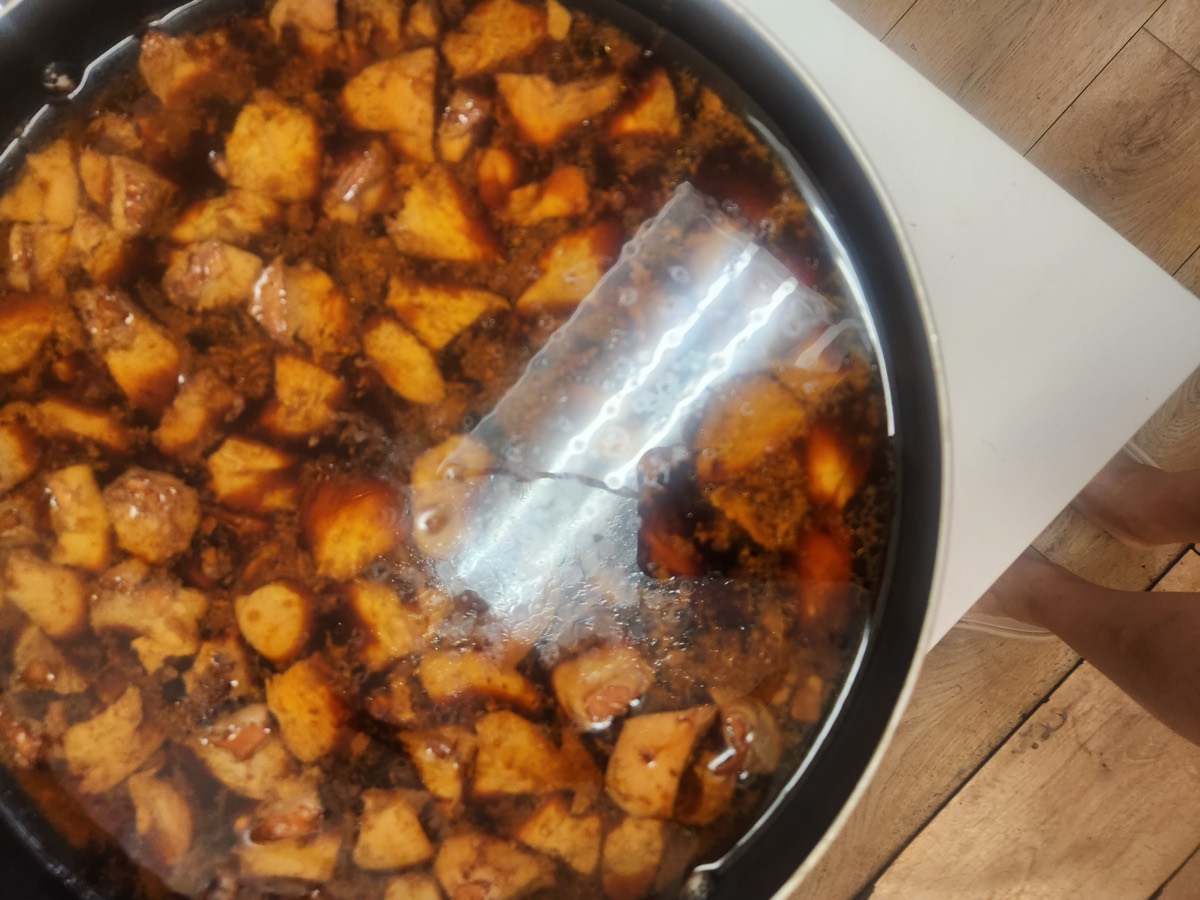 A pot of Korean braised potatoes in soy sauce