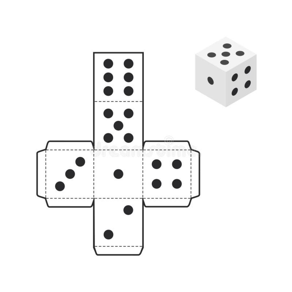 A printed cube net with dice faces, ready to be cut out and folded, beside a finished die