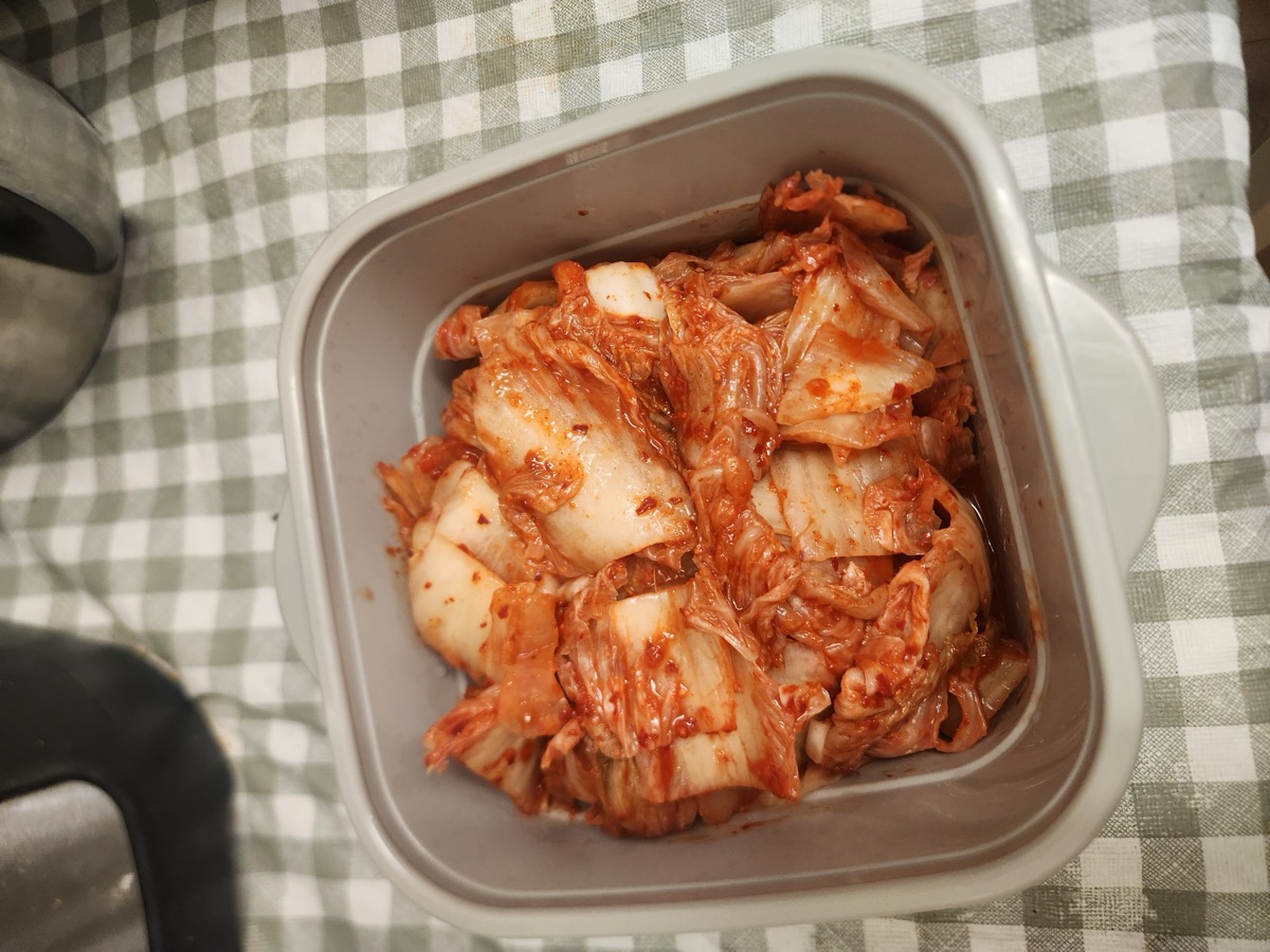 A tray of freshly cut kimchi