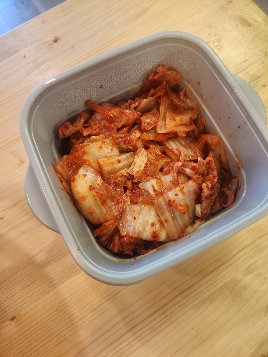 A tray of freshly cut kimchi