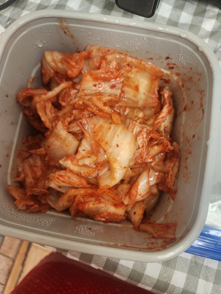A tray of freshly cut kimchi