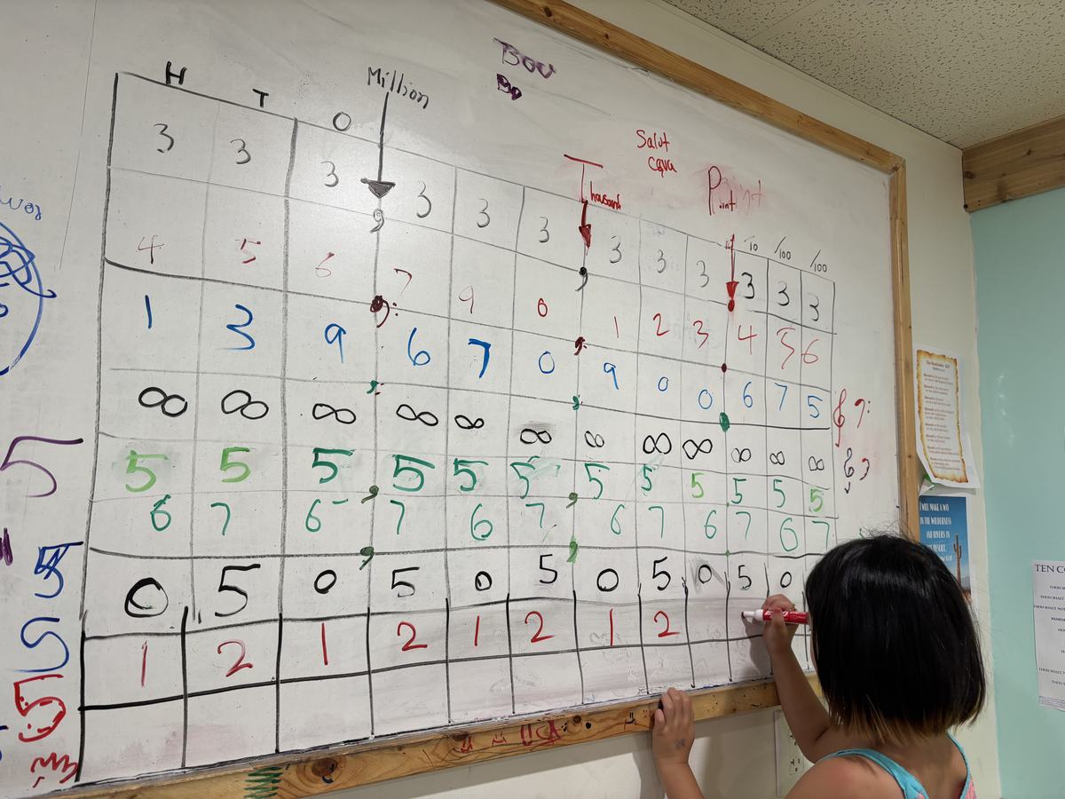 A student at the whiteboard filling in a large grid of numbers with coloured markers