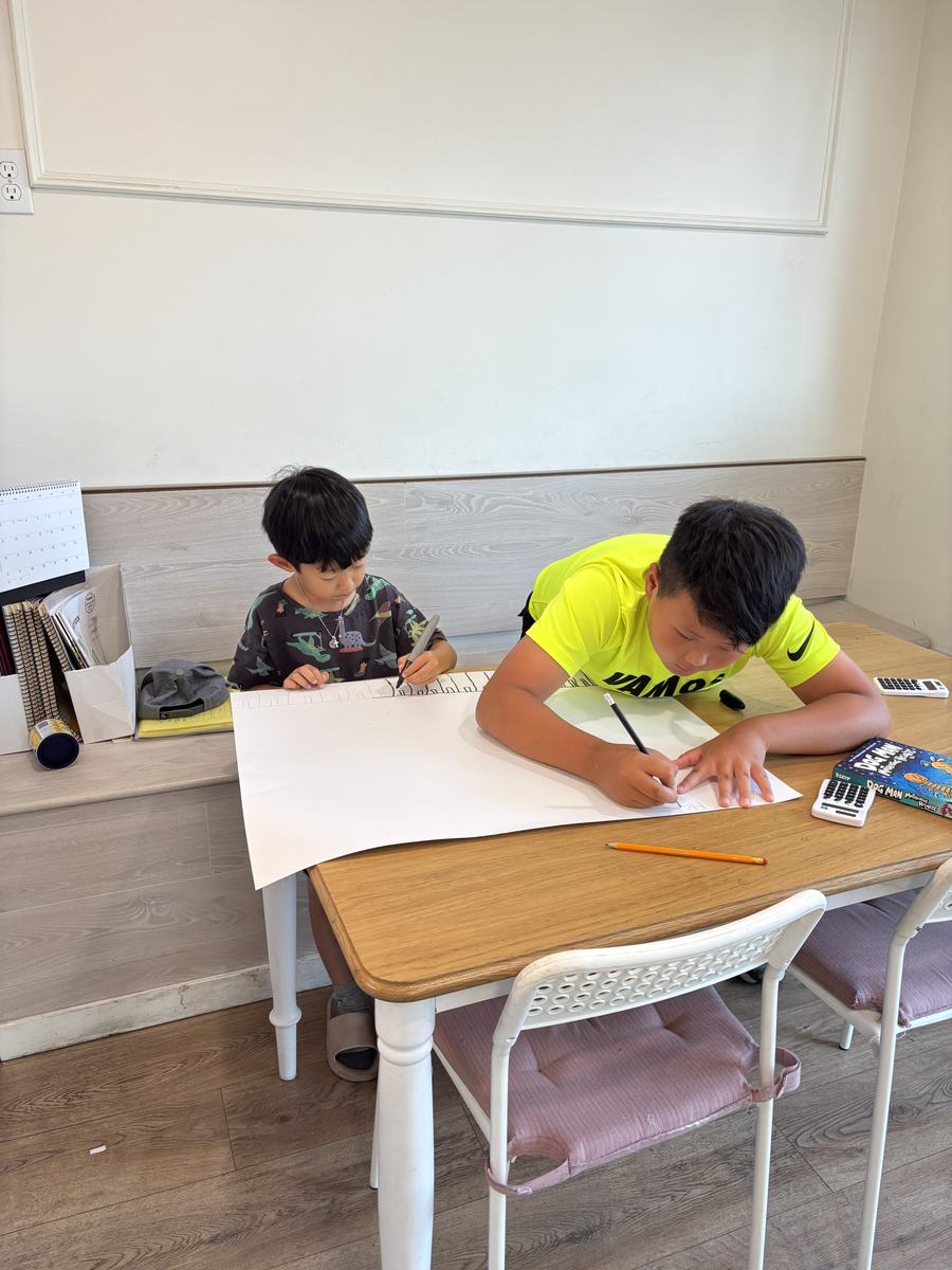 Two students working on their instructional posters at the desk
