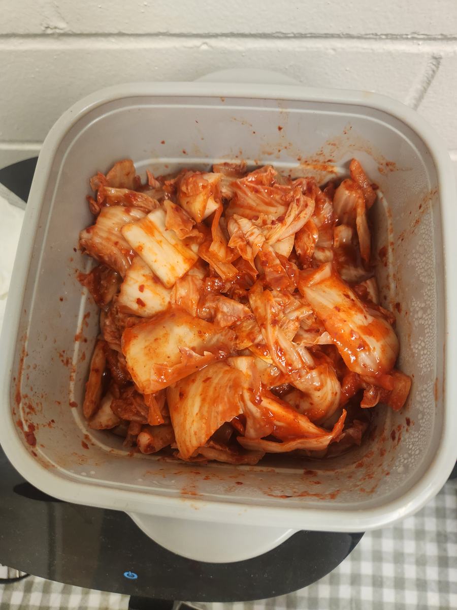 A tray of freshly cut kimchi