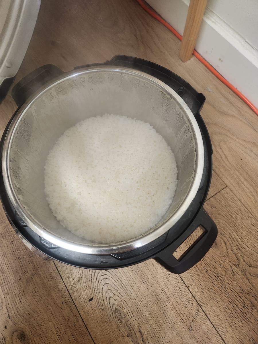 A rice cooker full of freshly cooked white rice